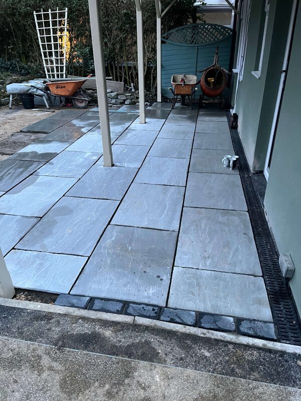 24 grey stone slab patio and block paving